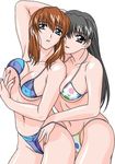  bikini black_eyes black_hair blue_eyes breast_grab breasts brown_hair covered_nipples dead_or_alive fingernails grabbing hitomi_(doa) large_breasts lei_fang long_fingernails long_hair multiple_girls nail_polish pink_nails rudoni swimsuit yuri 