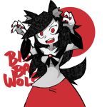  1girl animal_ears arms_up brooch collarbone dress english_text eyebrows_visible_through_hair fingernails imaizumi_kagerou jewelry long_fingernails long_hair moon nail_polish open_mouth red_eyes red_moon red_nails setz sharp_fingernails simple_background smile solo tail touhou werewolf wolf_ears wolf_tail 