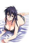  barefoot black_hair bra breasts cleavage foreshortening glasses hands inue_shinsuke large_breasts lingerie lying panties red_eyes solo tsuyokiss underwear underwear_only yashi_nagomi 