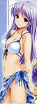  absurdres bikini blue_sarong breasts cleavage feena_fam_earthlight front-tie_top green_eyes highres koutaro medium_breasts print_sarong purple_hair sarong see-through side-tie_bikini smile solo standing swimsuit translucent_sarong yoake_mae_yori_ruri_iro_na 