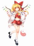  1girl ascot bangs bare_legs bare_shoulders black_footwear blonde_hair blush bow commentary_request cosplay crop_top crystal detached_sleeves eyebrows_visible_through_hair fang_out flandre_scarlet frilled_ascot frilled_shirt_collar frills full_body hair_between_eyes hair_bow hair_tubes hakurei_reimu hakurei_reimu_(cosplay) highres long_hair long_sleeves looking_at_viewer m9kndi mary_janes midriff miniskirt nail_polish navel no_hat no_headwear one_side_up petticoat red_bow red_eyes red_nails red_skirt ribbon-trimmed_sleeves ribbon_trim shoes sidelocks simple_background skirt skirt_set smile socks solo stomach thighs touhou white_background white_legwear wide_sleeves wings yellow_neckwear yin_yang 