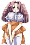  anna_miller blush breasts cleavage covered_nipples covering covering_crotch embarrassed ichimai_ugou large_breasts long_hair no_bra orange_skirt original pink_hair purple_eyes see-through skirt skirt_tug solo sweatdrop thighhighs twintails waitress wet wet_clothes 