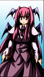  bat_wings buttons dress_shirt gradient gradient_background head_wings koakuma long_hair long_sleeves necktie oborotsuki_kakeru red_eyes red_hair shirt skirt skirt_set solo touhou vest wings 