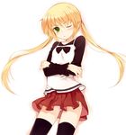  black_legwear blonde_hair blush crossed_arms frown green_eyes hayate_no_gotoku! kurasuke long_hair one_eye_closed panties sanzen'in_nagi skirt solo striped striped_panties thighhighs twintails underwear 