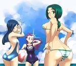  akimoto_komachi ass back ball beach beachball bikini blue_hair butt_crack cloud day enoshima_iki flat_chest forehead green_hair long_hair looking_back milk_(yes!_precure_5) mimino_kurumi minazuki_karen multiple_girls ocean one-piece_swimsuit one_eye_closed outdoors precure purple_hair school_swimsuit sky striped striped_bikini striped_swimsuit swimsuit yes!_precure_5 yes!_precure_5_gogo! 