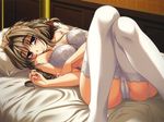  bed blush bra brown_hair cameltoe garter_belt highres lace lace-trimmed_thighhighs lingerie long_hair lying maid maid_headdress on_back panties pillow purple_eyes shinju_no_yakata smile solo strap_slip thighhighs tomosato_shiori underwear underwear_only white_legwear white_panties yuyi 