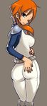  ass blue_eyes bodysuit breasts corn_syrup highres kiva large_breasts megas_xlr one_eye_closed orange_hair short_hair solo 