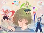  art_brush bad_id bad_pixiv_id blue_hair brown_hair closed_eyes drawing_tablet green_hair highres honoji minigirl multiple_girls oekaki_musume original paintbrush red_hair sleeping wacom 