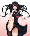  black_hair black_panties dress dress_lift fangs kaibutsu_oujo kamura_reiri legs long_hair panties red_eyes scharfschutze school_uniform scratches solo underwear 