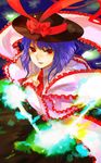  blue_hair hat highres nagae_iku red_eyes ribbon scarf short_hair solo touhou xero 