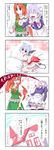  3girls 4koma :d :o ^_^ absurdres animal_ears anklet bat_wings bed blood blue_hair blush bow braid cat_ears closed_eyes comic demon_tail epic_nosebleed gustav_(telomere_na) hairband hat highres hong_meiling izayoi_sakuya jewelry kemonomimi_mode long_hair maid maid_headdress multiple_girls no_hat no_headwear nosebleed open_mouth red_eyes red_hair remilia_scarlet ribbon scarlet_devil_mansion shaded_face short_hair silver_hair smile so_moe_i'm_gonna_die! star tail touhou translated twin_braids wings 