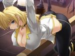  angry bdsm bent_over blonde_hair blue_eyes bondage bound breasts cleavage covered_nipples earrings game_cg hanging_breasts huge_breasts jewelry nipples sara_scorpion seura_isago skindentation solo sweat uchuu_kaizoku_sara 