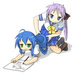  :3 ahoge all_fours artist_request blue_eyes blue_hair drawing dry_humping green_eyes hiiragi_kagami humping izumi_konata kneeling long_hair lucky_star mole mole_under_eye multiple_girls non-web_source purple_hair ryouou_school_uniform school_uniform serafuku sexually_suggestive socks twintails yellow_neckwear 