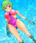  ahoge breasts competition_swimsuit covered_nipples green_hair hair_ornament houman kenkou_zenrakei_suieibu_umishou large_breasts ninagawa_amuro one-piece_swimsuit purple_eyes short_hair solo swimsuit water x_hair_ornament 