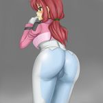  ass bad_id bad_pixiv_id blush celestial_being_uniform fat_mons feldt_grace gundam gundam_00 kagami_aruma pants pink_hair ponytail skin_tight solo 