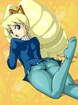  ass big_hair blonde_hair blue_legwear drill_hair feet isu long_hair looking_back lowres lying on_stomach pantyhose rockman ryuusei_no_rockman shirogane_luna solo 