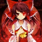  album_cover bangs bow brown_hair cover detached_sleeves flower glowing glowing_eye hair_bow hakurei_reimu hand_on_own_chest large_bow long_hair red red_eyes ribbon scarlet_(studioscr) serious solo touhou 