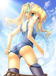  absurdres ass back blonde_hair cameltoe cloud day flower green_eyes hair_flower hair_ornament hair_ribbon highres innertube long_hair looking_back momo_at_ten one-piece_swimsuit original ribbon school_swimsuit skindentation sky solo swimsuit thighhighs twintails 