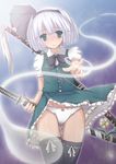  blue_eyes bow bowtie dress_shirt hairband hitodama katana konpaku_youmu konpaku_youmu_(ghost) natsume_riu panties sheath sheathed shirt short_hair silver_hair skirt skirt_lift solo sword thighhighs touhou underwear vest weapon white_hair white_panties wind wind_lift 