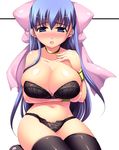  bad_id bad_pixiv_id blue_eyes blue_hair blush bow bra breast_hold breast_squeeze breasts cleavage curvy dragon_quest dragon_quest_v flora hair_bow huge_breasts lingerie long_hair ookami_ryousuke open_mouth panties pink_bow solo thighhighs underwear underwear_only 