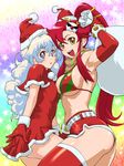  armpits ass bikini bikini_top blue_eyes breasts brown_eyes christmas elbow_gloves gloves hat large_breasts long_hair multicolored multicolored_bikini multicolored_clothes multicolored_scarf multiple_girls nia_teppelin ponytail rainbow_background red_gloves red_hair santa_costume santa_hat scarf short_shorts shorts swimsuit tengen_toppa_gurren_lagann thighhighs ueyama_michirou underboob white_hair yoko_littner 