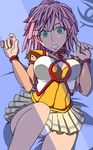  akito_(owata11) breasts cleavage green_eyes large_breasts lying panties pink_hair plaid plaid_skirt skirt solo super_robot_wars tis underwear 