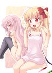  black_legwear blonde_hair blush chemise clothes_in_front crossover fang flandre_scarlet louise_francoise_le_blanc_de_la_valliere multiple_girls nude nullken panties pink_eyes pink_hair red_eyes thighhighs topless touhou underwear underwear_only wings zero_no_tsukaima 