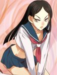  bangs black_hair downblouse flat_chest haruyama_kazunori kitsu_chiri kneeling long_hair midriff nipple_slip nipples parted_bangs sayonara_zetsubou_sensei school_uniform serafuku skirt solo 