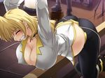  bent_over blonde_hair blush breasts cleavage covered_nipples earrings fang game_cg green_eyes huge_breasts inflation jewelry necklace pain sara_scorpion seura_isago solo uchuu_kaizoku_sara 