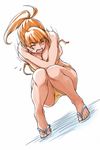  bikini blush breast_hold breasts closed_eyes copyright_request long_hair minato_fumi orange_hair ponytail sandals solo squatting swimsuit wardrobe_malfunction 