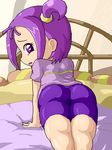  ass bed bike_shorts isu looking_back lowres ojamajo_doremi purple_eyes purple_hair segawa_onpu solo 