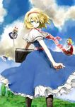  alice_margatroid blonde_hair blue_eyes book cloud day doll hairband looking_back pantyhose poncho_(poncho) ribbon short_hair sky solo touhou wind 