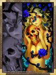  blonde_hair blue_flower blue_rose breasts cleavage curly_hair flower grimgrimoire kamitani_george large_breasts long_hair lujei_piche midriff official_art red_eyes rose skull solo thorns witch 