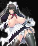  aga_(artist) black_hair breasts brown_eyes garter_belt green_panties hayasaka_yuumi huge_breasts kosutte_gin_gin long_hair maid nipples panties solo thighhighs tongue underwear 