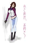  bad_id bad_pixiv_id boots breasts brown_eyes brown_hair celestial_being_uniform covered_nipples gloves gundam gundam_00 large_breasts midriff navel odagiri_mayu short_hair solo sumeragi_lee_noriega translation_request 