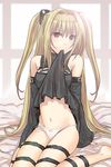  3u bad_id bad_pixiv_id barefoot bed belt blonde_hair bow bow_panties detached_sleeves garters konjiki_no_yami long_hair mouth_hold navel panties sitting skirt skirt_in_mouth skirt_lift solo thigh_strap to_love-ru two_side_up underwear white_panties 