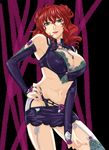  asou_naruto bad_id bad_pixiv_id blue_eyes breasts bridal_gauntlets cleavage curly_hair drill_hair elbow_gloves garter_belt gloves large_breasts midriff navel red_hair solo super_robot_wars super_robot_wars_z thighhighs xine_espio 