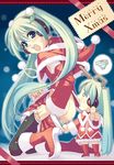  2girls antlers aqua_hair ass black_legwear christmas hachune_miku hatsune_miku long_hair multiple_girls panties panty_pull pointing santa_costume striped striped_panties takei_ooki tears thighhighs underwear very_long_hair vocaloid 