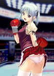  arena audience boxing boxing_gloves boxing_ring fang green_hair jewelry panties purple_eyes ring skirt skirt_lift striped striped_panties thighhighs underwear waitress 