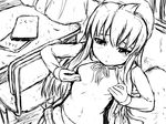  :&lt; breast_squeeze breasts flat_chest greyscale highres long_hair minami-ke minami_chiaki monochrome open_clothes open_shirt shirt small_breasts solo tomihero 