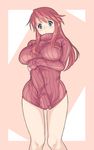  aty_(summon_night) blue_eyes blush bottomless breast_hold breasts clothes_tug covering covering_crotch curvy frown highres hips huge_breasts long_hair naked_sweater red_hair ribbed_sweater sanemichi_hajime solo summon_night summon_night_3 sweater sweater_tug thigh_gap thighs turtleneck 