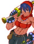  abs blue_hair breasts cleavage dark_skin dungeons_&amp;_dragons:_shadow_over_mystara dungeons_and_dragons earrings fingerless_gloves gloves hood hoop_earrings jewelry key large_breasts looking_at_viewer mawarimiti moriah muscle muscular_female over_shoulder red_eyes strapless sword sword_over_shoulder tubetop underboob weapon weapon_over_shoulder 