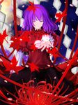  closed_eyes flower hair_ornament illusionk leaf leaf_hair_ornament purple_hair shide solo touhou yasaka_kanako 