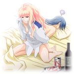  1girl alcohol bad_id bad_pixiv_id barefoot bed blonde_hair blue_eyes blue_hair bottle breasts can cleavage convenient_censoring dress_shirt drink hangover lapis long_hair macross macross_frontier pillow saotome_alto sheryl_nome shirt small_breasts 