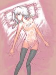  bad_id bad_pixiv_id bed braid chomoran frills izayoi_sakuya lying one-piece_swimsuit school_swimsuit short_hair silver_hair solo swimsuit thighhighs touhou twin_braids white_school_swimsuit white_swimsuit 