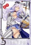  annelotte armor armored_dress blue_eyes breasts eiwa elbow_gloves gloves highres large_breasts long_hair navel purple_hair queen's_blade queen's_blade_rebellion shield sideboob sword teeth thighhighs weapon 