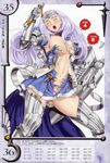  annelotte armor armored_dress blue_eyes bouncing_breasts breasts cleavage closed_eyes eiwa gloves highres large_breasts long_hair navel one_eye_closed open_mouth pain panties purple_hair purple_panties queen's_blade queen's_blade_rebellion shield sword thighhighs tiara torn_clothes underwear weapon 