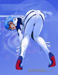  :o ass ayanami_rei bangs bent_over blue_background blue_hair blush bodysuit from_behind full_body gloves hair_between_eyes hair_ornament hand_on_ankle kneepits looking_back neon_genesis_evangelion pilot_suit plugsuit red_eyes shibata_masahiro short_hair solo surprised tiptoes watermark web_address white_bodysuit 