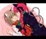  animal_ears blush braid brown_hair cat_ears cat_tail chen hair_ribbon heart heart_tail kaenbyou_rin minami_nanaki multiple_girls multiple_tails nekomata red_eyes red_hair ribbon short_hair tail touhou twin_braids yellow_eyes yuri 