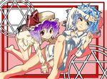  all_fours barefoot blue_hair blush braid dress_shirt gengorou hat izayoi_sakuya lying maid_headdress multiple_girls purple_hair red_eyes remilia_scarlet shirt short_hair smile touhou wings 